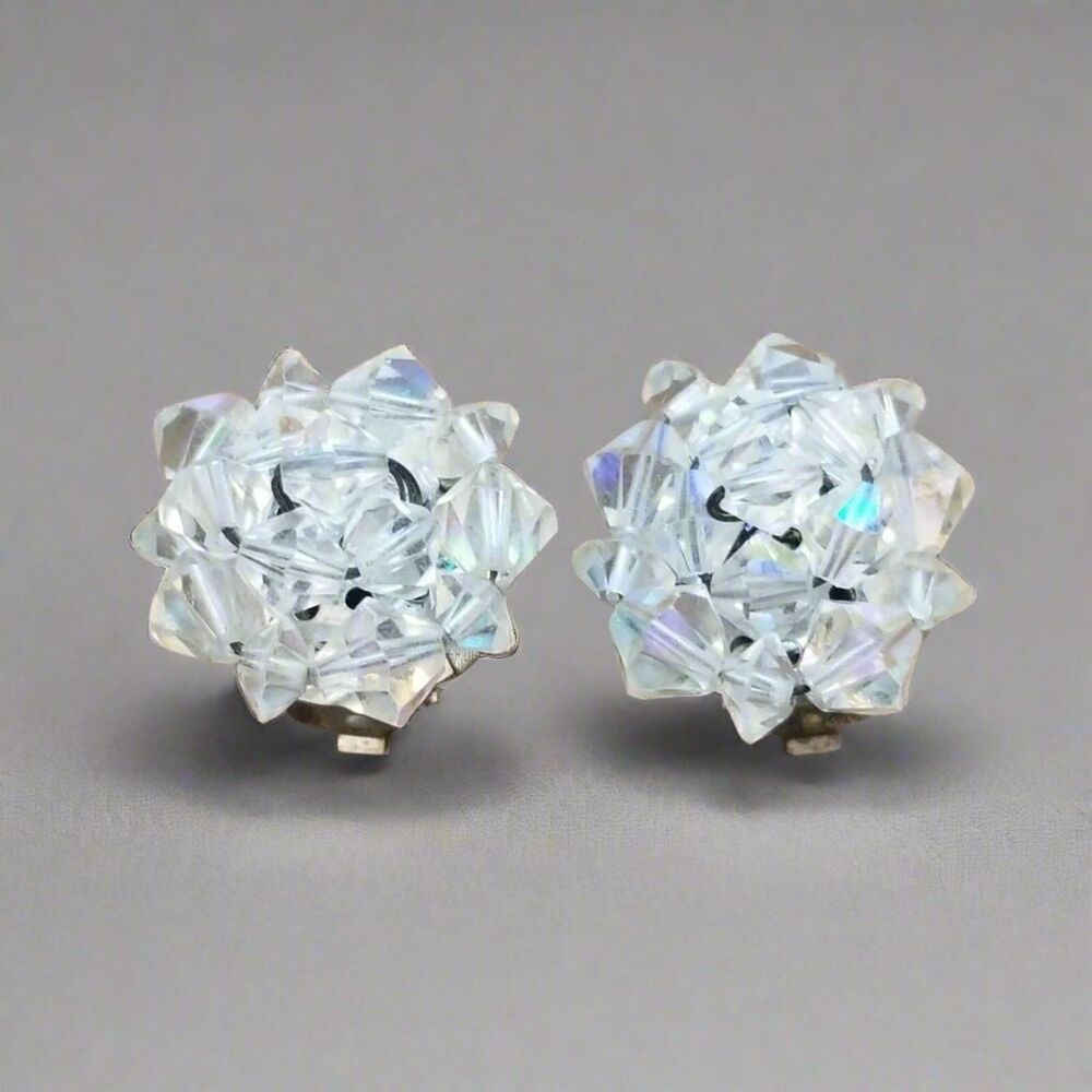 Vintage AB Crystal Cluster Clip-On Earrings – Aurora Borealis Button Style